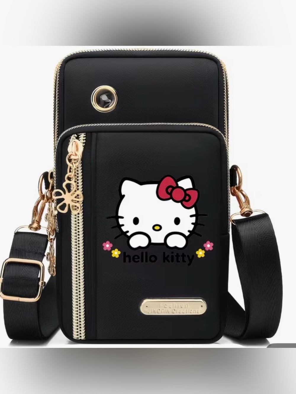 Sanrio Hello Kitty Black Crossbody Bag with Gold Hardware and Red Bow